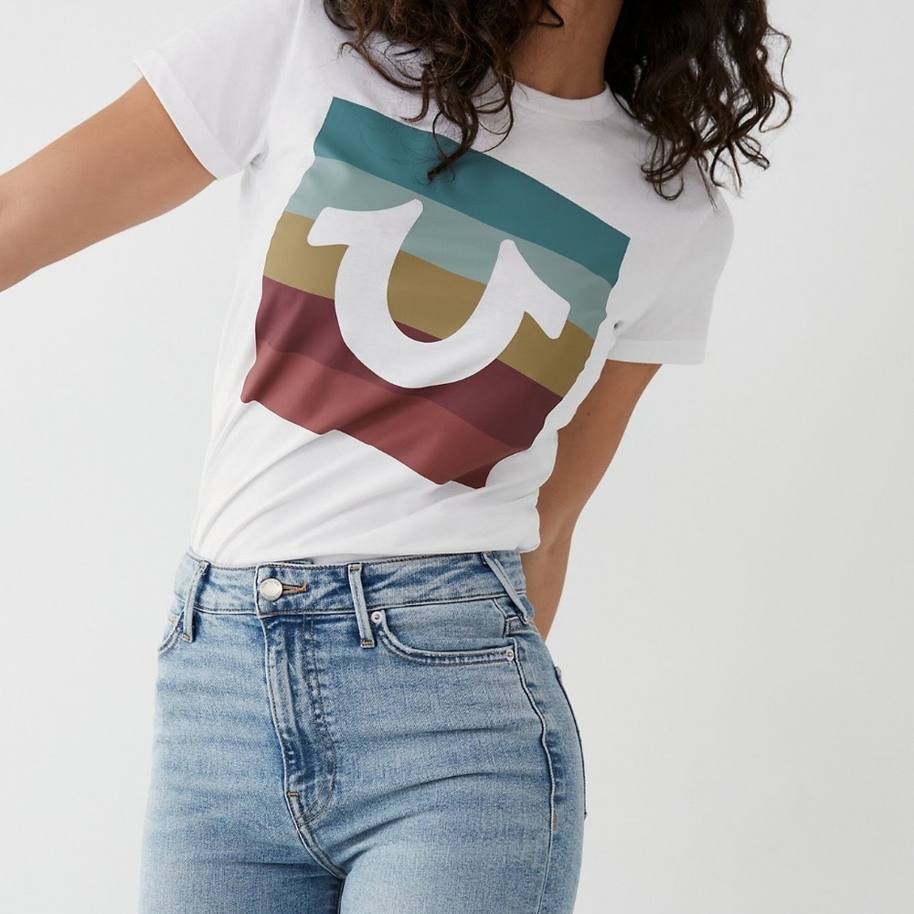 💥NEW SEXY TRUE RELIGION LOGO STRIPE WHITE TSHIRT